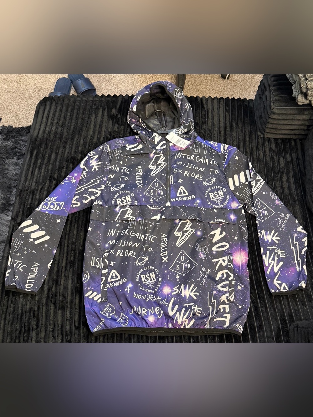 Reason Men's Black and Purple Galaxy Graphic Hooded Windbreaker